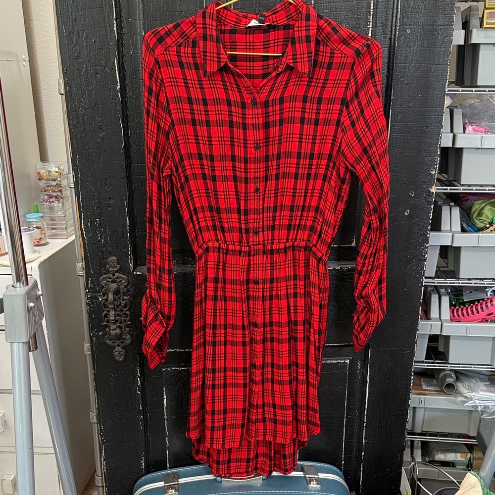 Red Plaid Button-Up Dress by Express